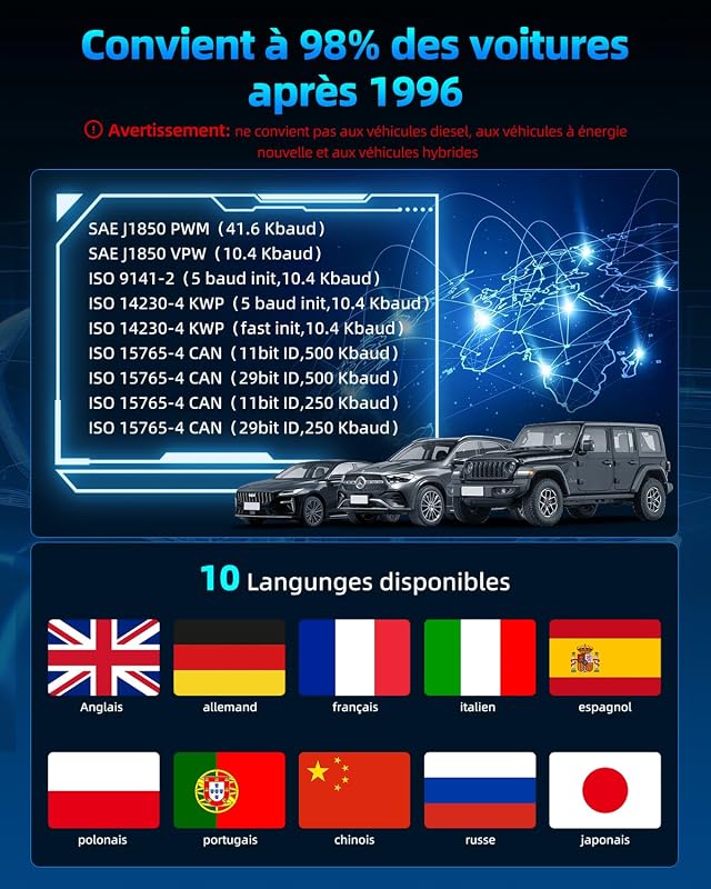 OBD2 Diagnostic Voiture, Valise Diagnostic Auto, OBD2 Diagnostic Français pour Tous Les Véhicules Depuis 1996 Et Plus Récents (Noir)