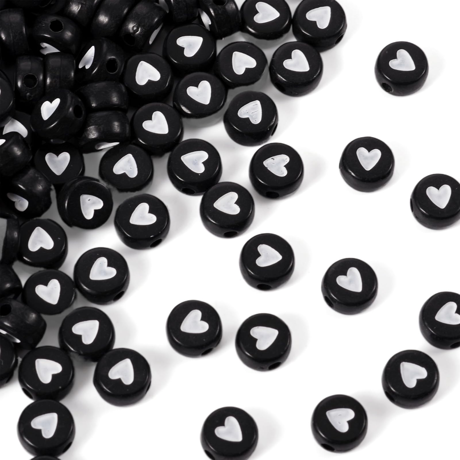 Cheriswelry 200pcs Acrylic Flat Round Heart Beads Black White Pony Disc Love Heart Loose Spacer Beads Charms for Jewellery Bracelet Making