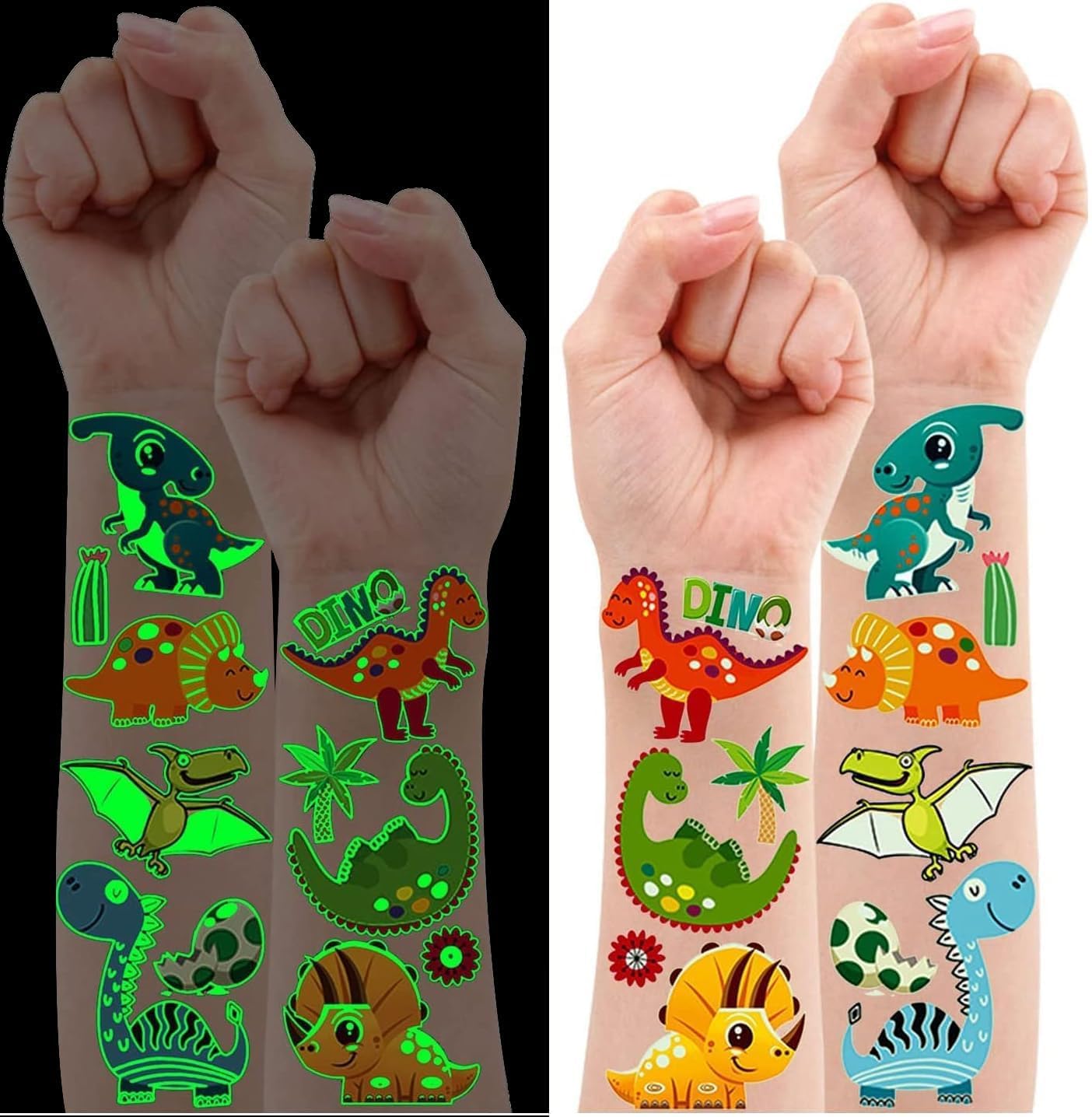 Leesgel Dinosaur Tattoo Stickers for Kids, Dinosaur Toys, Luminous Temporary Tattoos for Kids Boys Dinosaur Birthday Decorations Favors, Dinosaur Party Supplies Games Favours - 10 Sheets