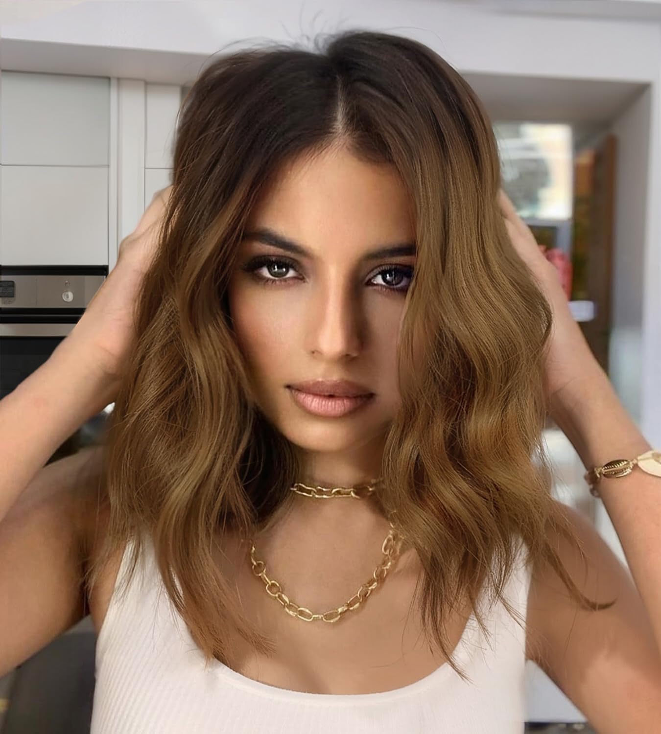 Photo 1 of cuiud Short Brown Wavy Wig for Women Ombre Brown Lace Hairline Wigs 14 Inch Middle Part Curly Wavy Wigs Midium Length Bob Curly Wig Synthetic Lace Front Natural Hairline Hair for Daily Party Use