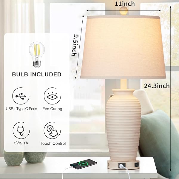 CINSARY 24.3″ FARMHOUSE JAR TABLE LAMPS SET OF 2, 3 WAY TOUCH CONTROL RUSTIC BEDSIDE LAMPS WITH USB A+C PORTS & AC OUTLET, POT NIGHTSTAND LAMPS FOR BEDROOM LIVING ROOM (LED BULBS INCLUDED)