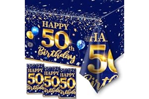GREHUMOR 50th Birthday Decorations - Men's 3-Pack Navy Blue Table Covers - Rectangle Waterproof Plastic Gold & Blue Birthday Tablecloths for 50th Party Supplies