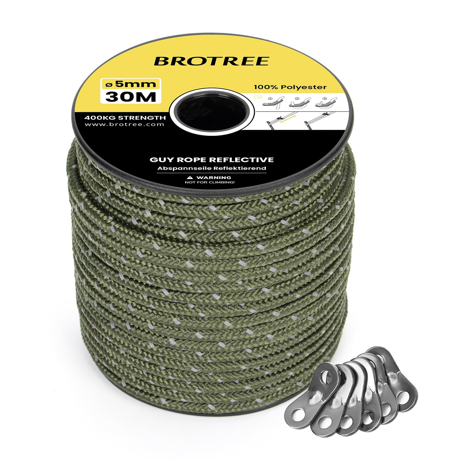 BROTREE Tent Guy Rope 5mm 30m Reflective Guy Line Heavy Duty Guide Rope with 6Pcs Aluminum Tensioners for Tent Gazebo Awning Camping (Army Green)
