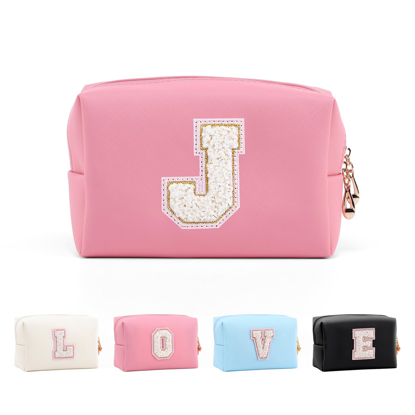 Anntry Small Personalized Initial Letter Makeup Bag, Cute Waterproof PU Leather Chenille Letter Cosmetic Bag Travel Makeup Bag, Preppy Makeup Pouch Toiletry Zipper Pouch Organizer for Women and Girls