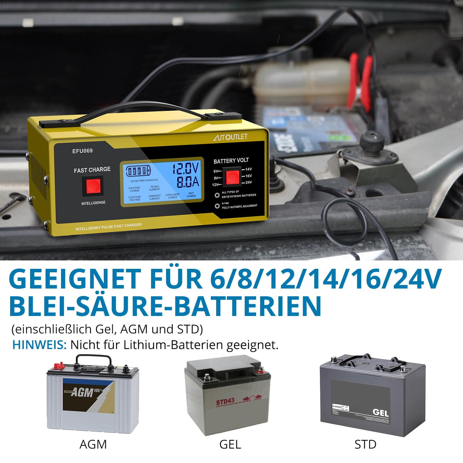 AUTOUTLET Ladegerät Autobatterie, 6/8/12/14/24V Smart vollautomatische KFZ Batterieladegerät Erhaltungsladegerät mit LCD Bildschirm, 0-14A Batterie Ladegerät für Auto Motorrad Rasenmäher Boot(Gelb) 5