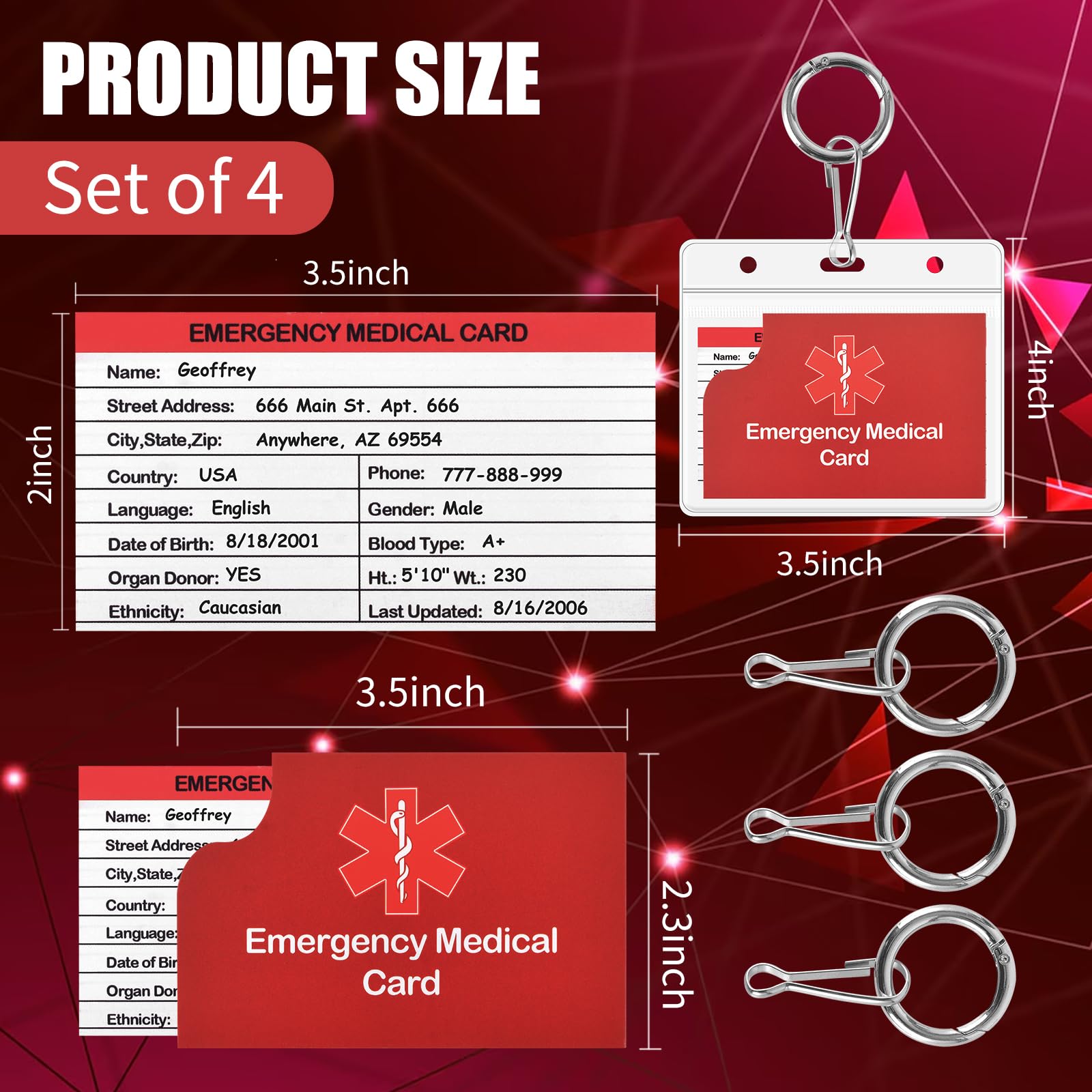 4 Pack Medical Alert Keychain Emergency Medical Information Id Card Emergency Contact Card Wallet with Resealable Badge Holder for Caretakers (Red Keychain)