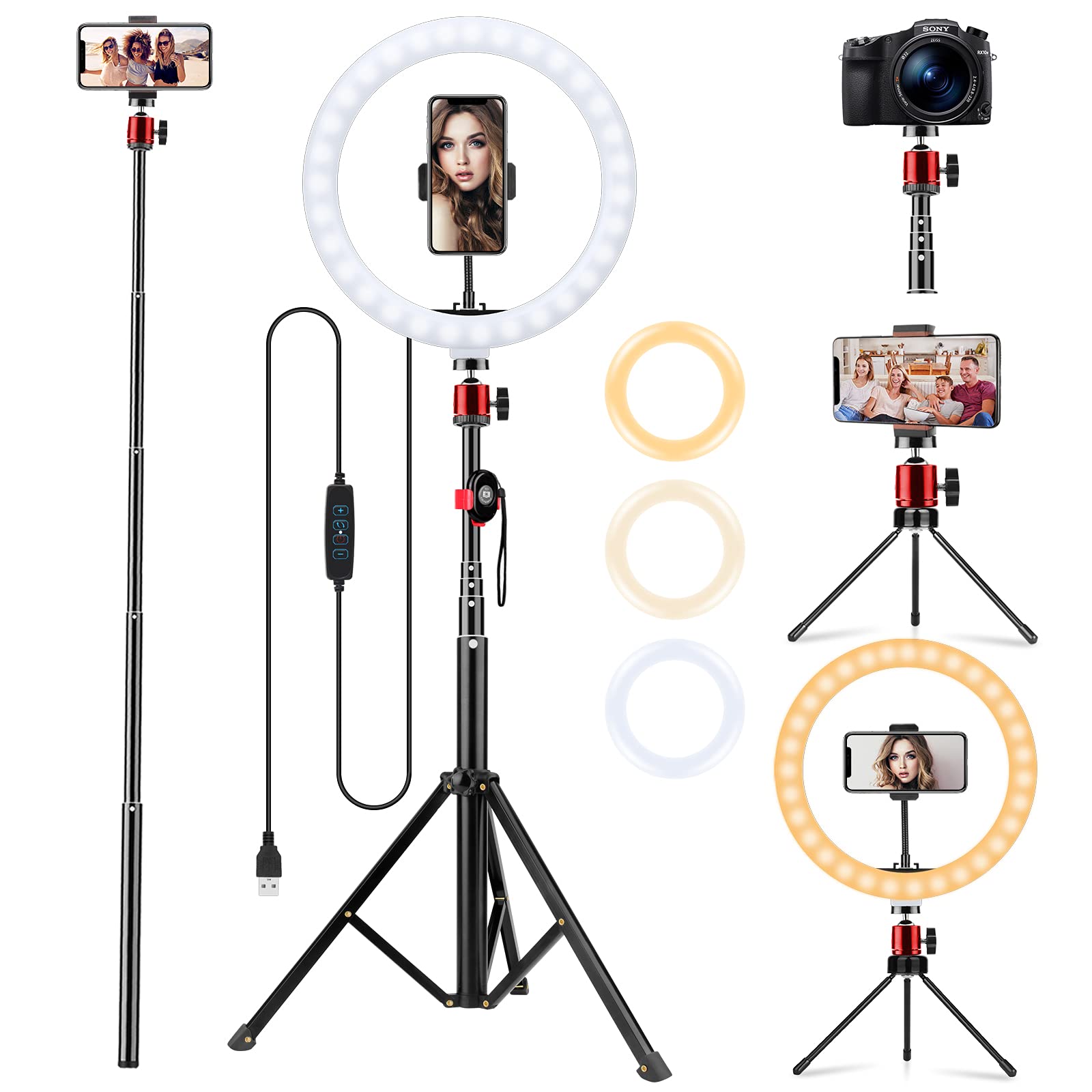 UEGOGO Selfie Ring Light with Tripod Stand & Phone Holder, 10.2 Inch LED Ring Light, with 3 Light Modes & 10 Brightness Level for Tiktok, Youtube Video, Makeup, Live Stream,Photography