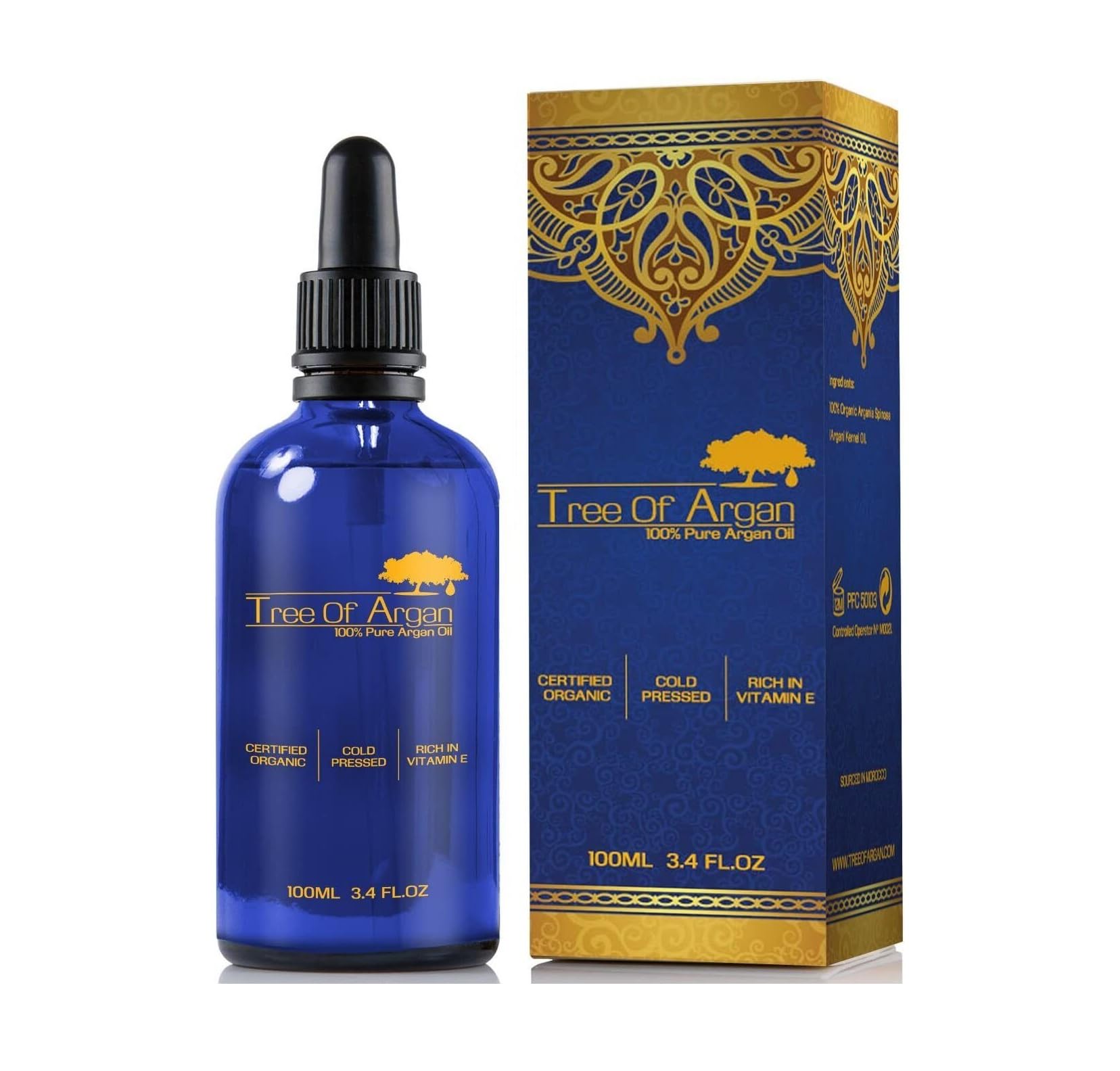 Argan Oil - 100% Pure Organic Cold Pressed Produced and Bottled in Morocco Perfect for Skin, Hair and Nail - High Vitamin E Content