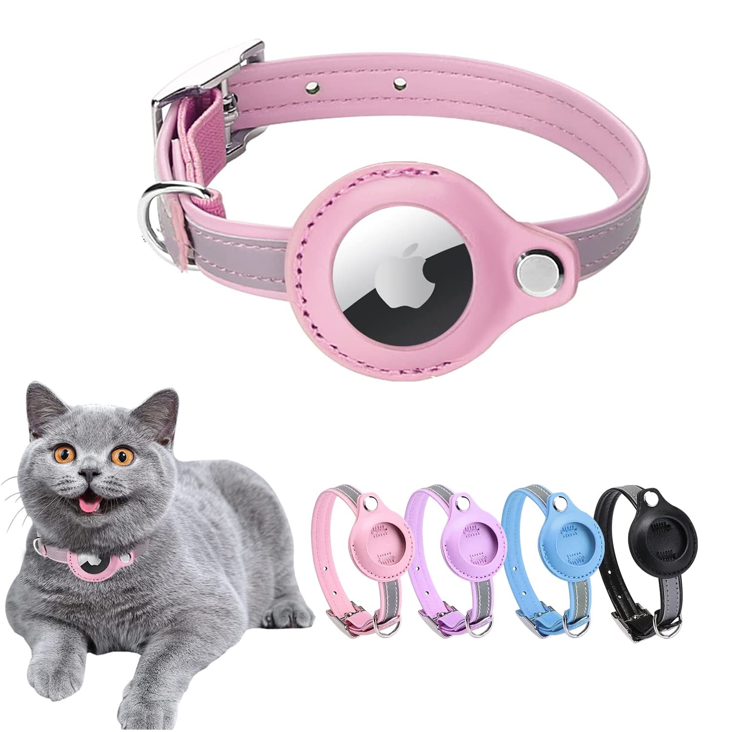 MouyouGlow Airtag Cat Collar,Leather Cat Airtag Collar with AirTag Holder Compatible with Apple Airtag,Breakaway Reflective Collar for Kitten Puppy (XS) Pink