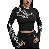 SHENHE Women's Snake Print Crew Neck Flare Long Sleeve Graphic T Shirt Goth Crop Top