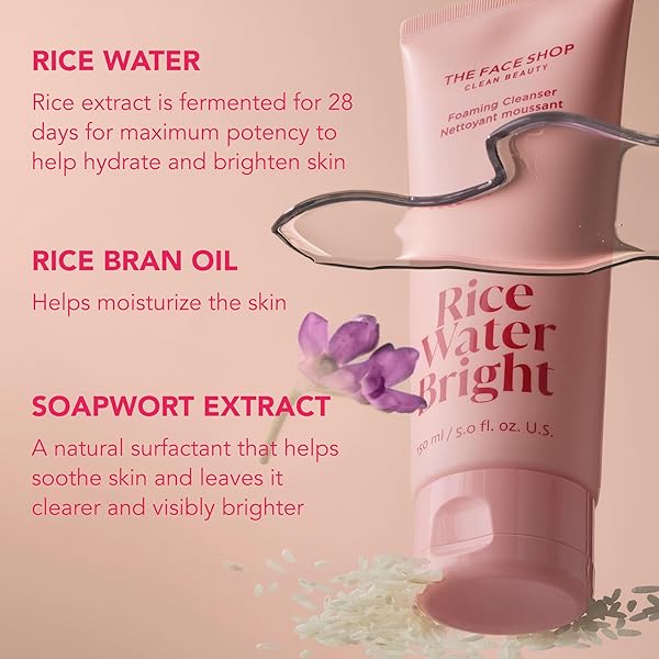 THE FACE SHOP RICE WATER BRIGHT FOAMING FACIAL CLEANSER WITH CERAMIDE, GENTLE FACE WASH FOR HYDRATING & MOISTURIZING, VEGAN FACE CLEANSER, MAKEUP REMOVER, KOREAN SKIN CARE FOR ALL SKIN TYPES, 150ML