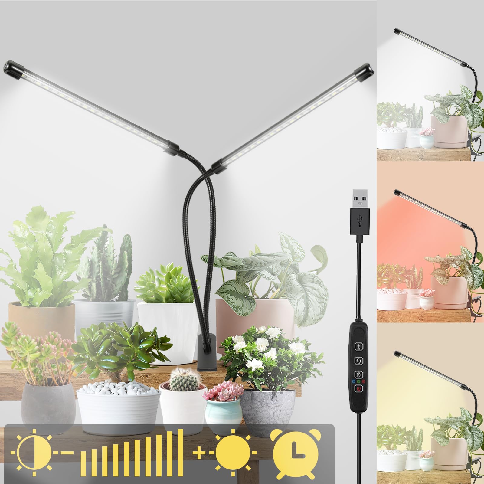 Bufccy 2 Head Grow Lights for Indoor Plants, 6000K Full Spectrum Grow Light for Flowers, Fruits, Vegetables, Auto On Off Timing, 9 Dimming, 360 Degree Adjustable Plant Lights, 1 Pack