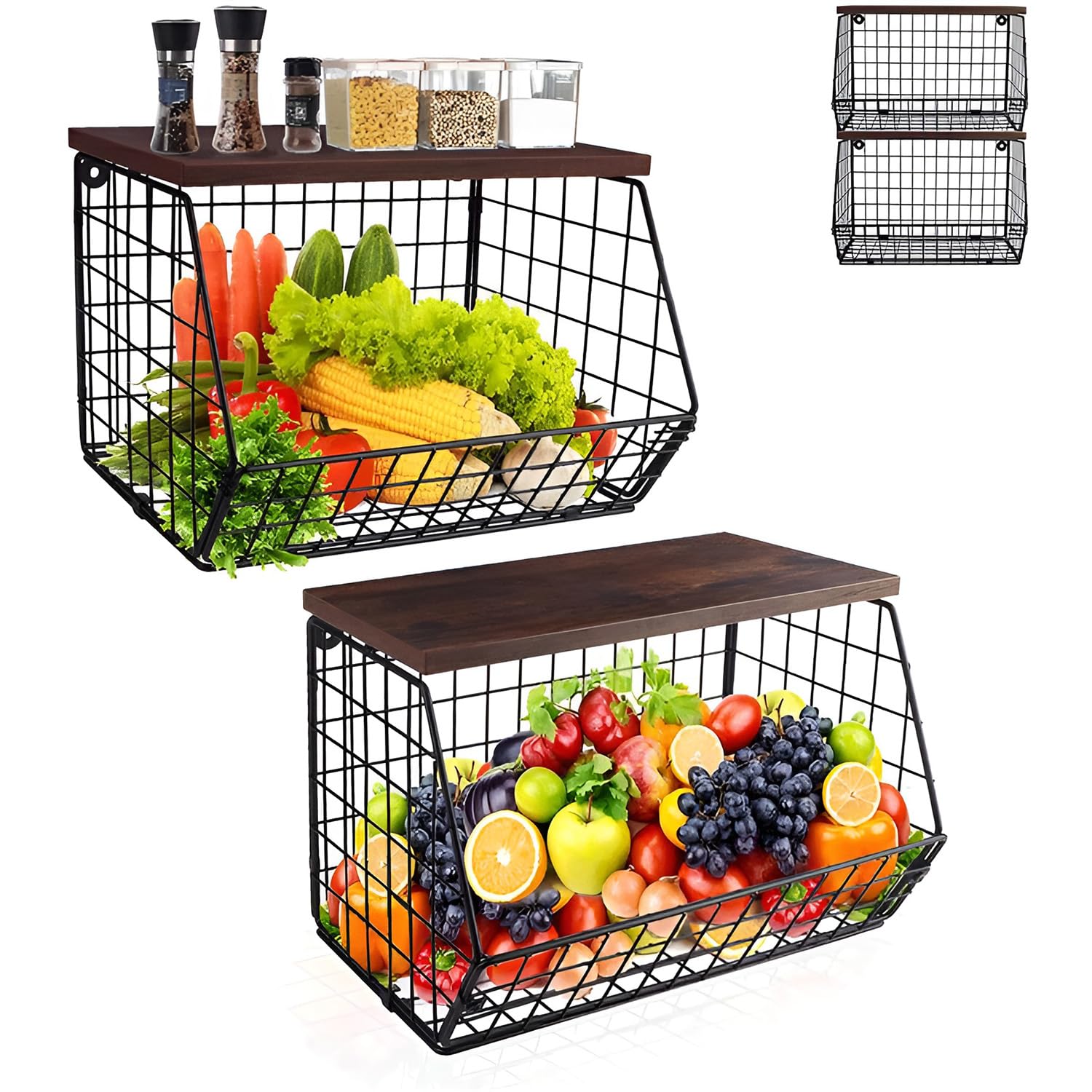 Black Wire Vegetable Rack and Basket - Stackable Fruit and Veg Storage for Countertop or Wall Mounted Use