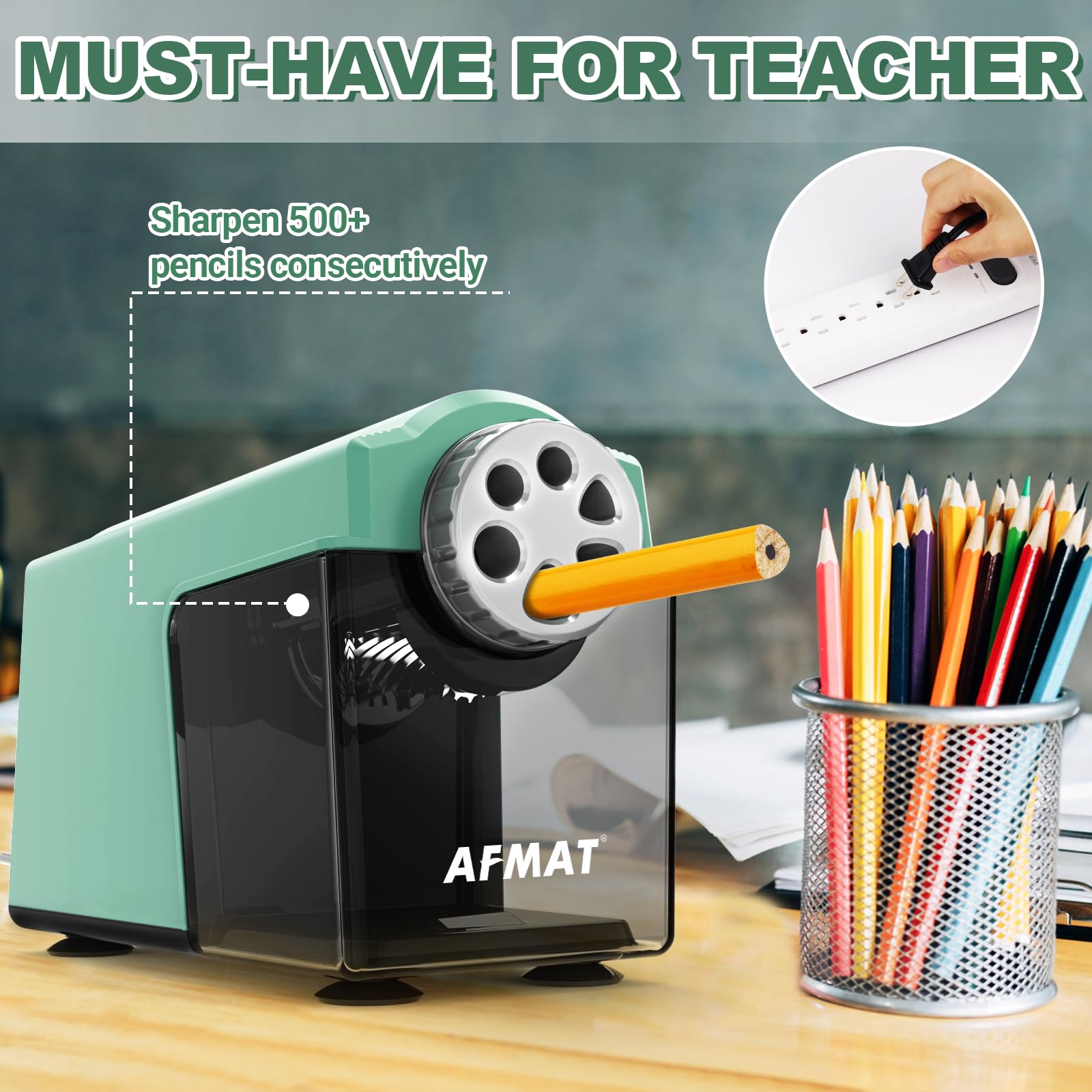 AFMAT Electric Pencil Sharpener Heavy Duty, 6-Hole Classroom Pencil Sharpener for 6-11mm Pencils, Auto Stop Pencil Sharpeners Plug in,10000 Sharpening Times, Save Colored Pencils, Green