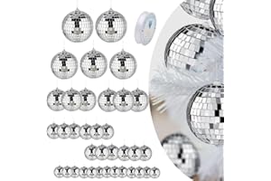 TAIKUU 久の物 36PCS Disco Ball Decoration Ornaments Hanging Mini Mirror with Elastic Thread, Different Size for Cake 70s Disco Themed Party Wedding Birthday Supplies
