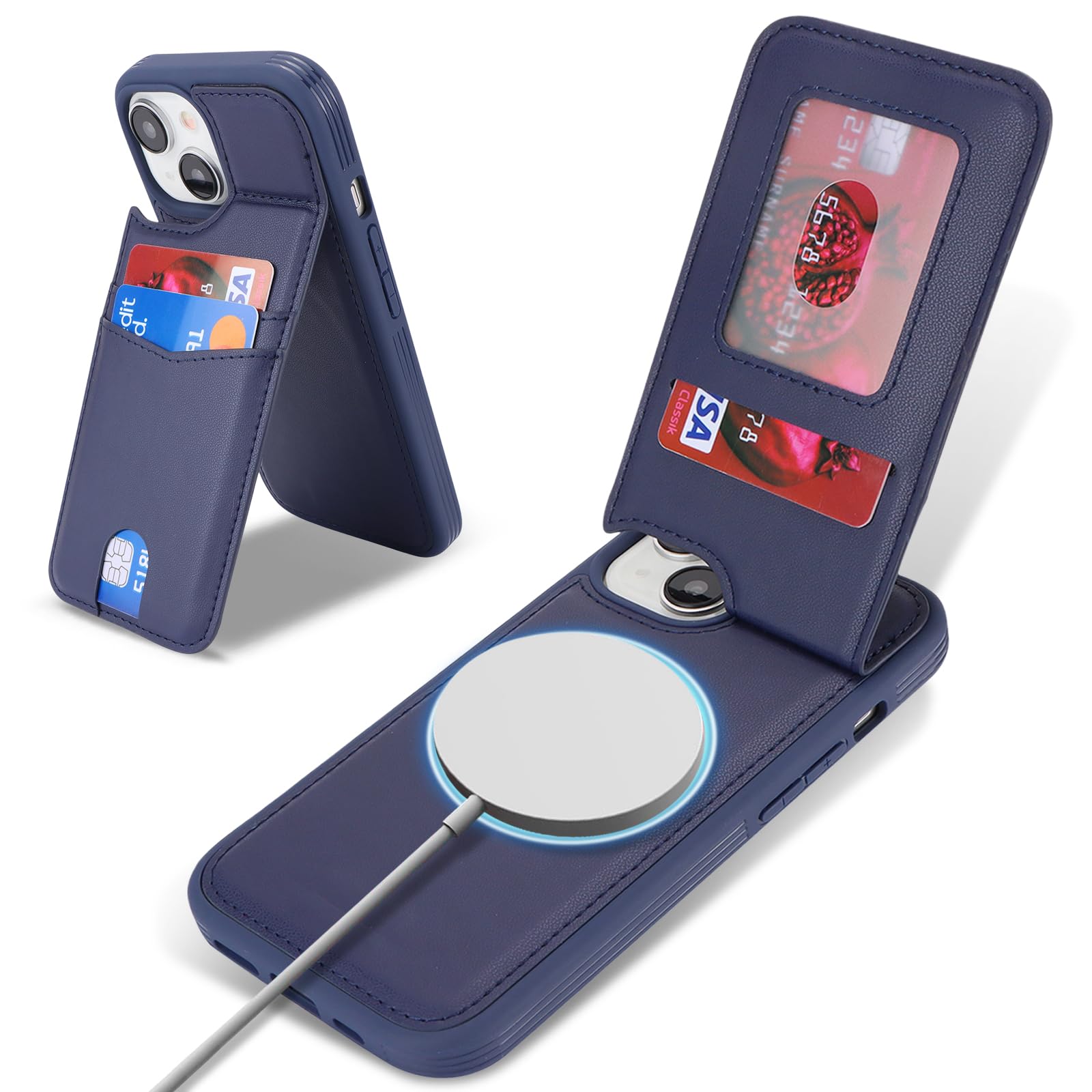 Photo 1 of ?????? case for iPhone 15 Plus magsafe Wallet Compatible with Card Holder Back Credit Slots PU Leather Stand Shockproof Phone Cover for Women and Men-Blue