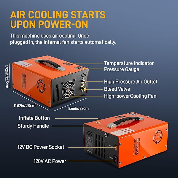 GOYOJO PCP AIR COMPRESSOR, MAX 4500 PSI / 300 BAR, FAST FILL FOR AIRGUNS OR PAINTBALL TANK, AUTO SHUT-OFF, DUAL POWER CAR 12V DC OR HOME 120V AC, BUILT-IN COOLING FAN, 300W PORTABLE PCP PUMP