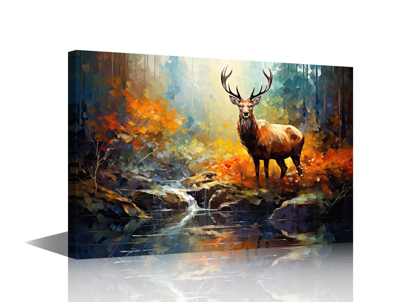 TISHIRON Canvas Wall Art Oil Painting Abstract Stag with Big Antlers Poster Prints Canvas Wall Decor Home Decor Idea for Children Room Living Room Framed Ready to Hang 24x16 inch