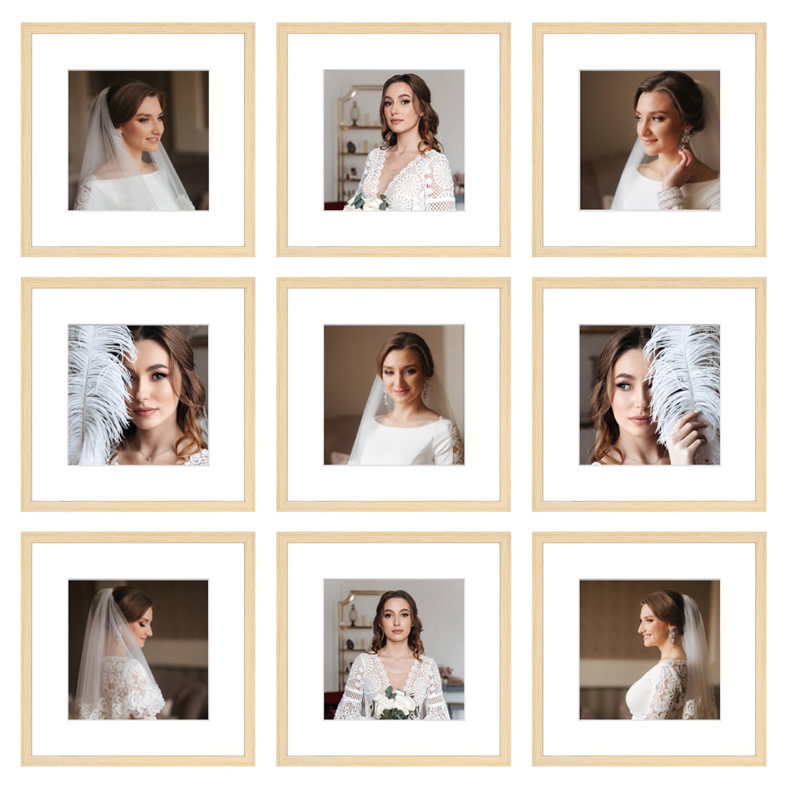 Photo 1 of BSRHOME 12x12 Picture Frame Set of 9, Display Pictures 8x8 with Mat or 12x12 without Mat, Multi Collage Gallery Square Photo Frames for Wall or Tabletop, Natural Wood