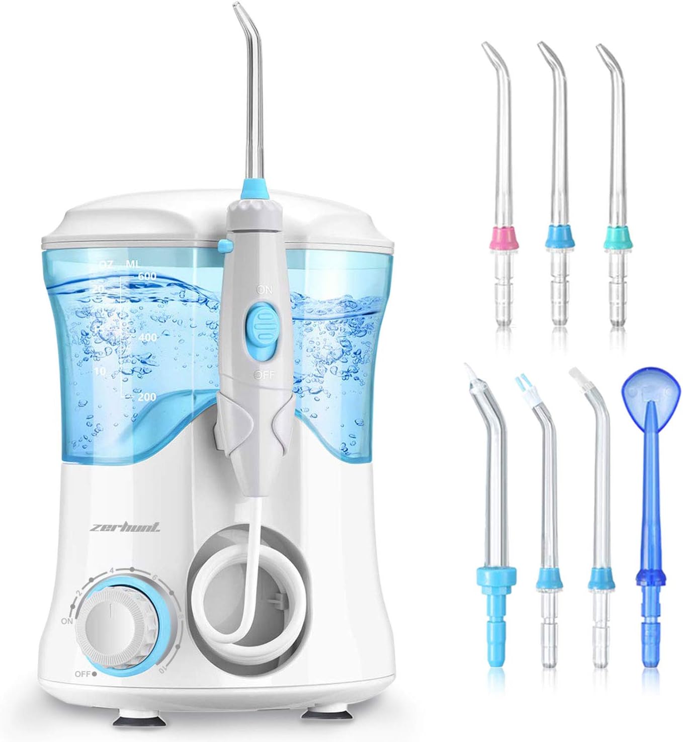 Dental Water Flosser Teeth Cleaner - Zerhunt High Frequency Pulsed Water Pick Electric Oral Irrigator with 7 Interchangeable Nozzles For Braces, Implants, Bridges,600ML Large Capacity White