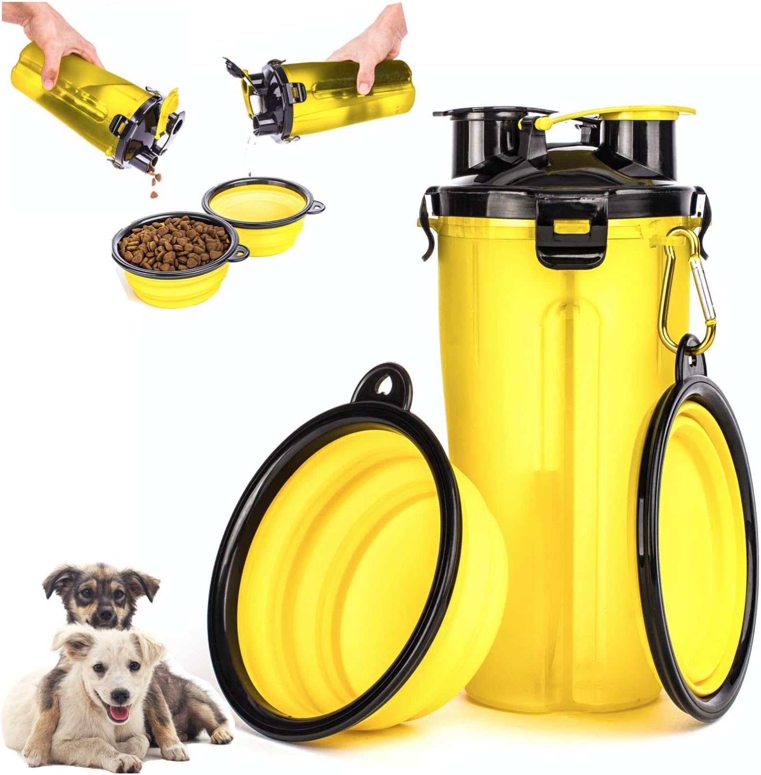 MelPet Portable Dog Water & Food Bottle with 2 Collapsible Bowls for Travelling Outdoor Water Dispenser and Food Container, Light Weight Easy to Clean