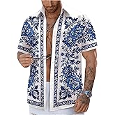 OYOANGLE Men's Floral Print Button Down Collared Shirts Summer Tropical Floral Beach Vacation Shirt