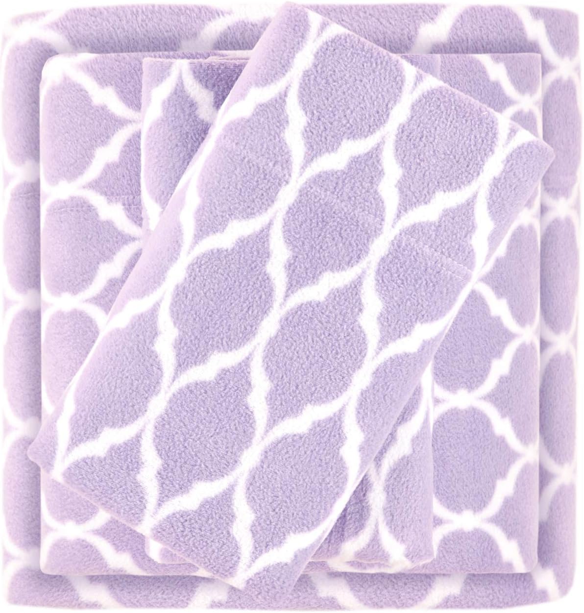 True North by Sleep Philosophy Micro Fleece Bed Sheet Set, Warm, Sheets with 14" Deep Pocket, for Cold Season Cozy Sheet-Set, Matching Pillow Case, King, Purple Ogee, 4 Piece
