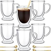 Gejoy 6 Sets Double Wall Glass Coffee Mugs with Spoon Insulated Clear Coffee Mug with Handle Borosilicate Glass Coffee Cups Latte Cup for Cappuccino, Tea, Latte, Espresso, Hot Beverage(16 OZ)