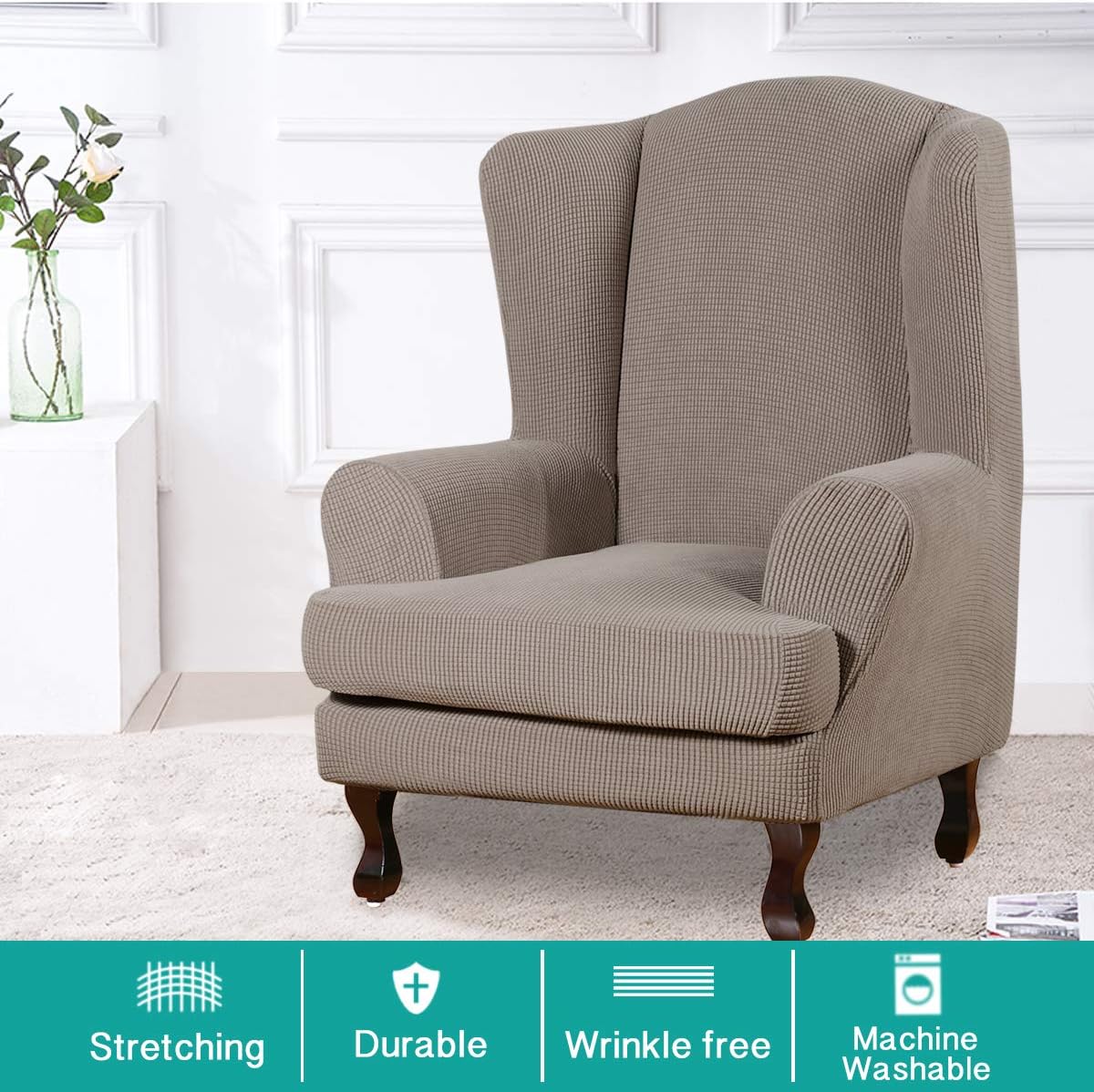 Turquoize Stretch Wing Chair Slipcover Wingback Armchair Chair Sofa Cover Furniture Protector 2-Piece with Elastic Bottom Anti-Slip Foam Kids Jacquard Fabric Small Checks (Wing Chair, Biscotti Beige): Furniture & Decor