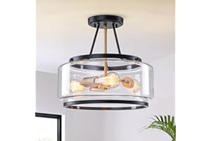 Y'INSP Glass Semi Flush Mount Ceiling Light Fixture, 3 Light Black and Gold Ceiling Light Fixture, Modern Drum Ceiling Lighti