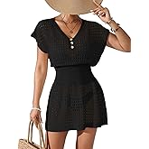BreathSunny Womens Crochet Knit Slim Fit Beach Coverup Dress Summer 2025 V Neck Button Cap Sleeve Bathing Suit Cover Up