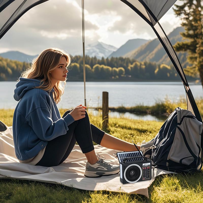 Radio Am/FM/SW Bluetooth Retro portátil y compacta con Panel Solar, iluminación LED portátil, batería Recargable, Reproductor MP3 Compatible con Tarjeta TF/USB (Negro) — foto 6 de 7