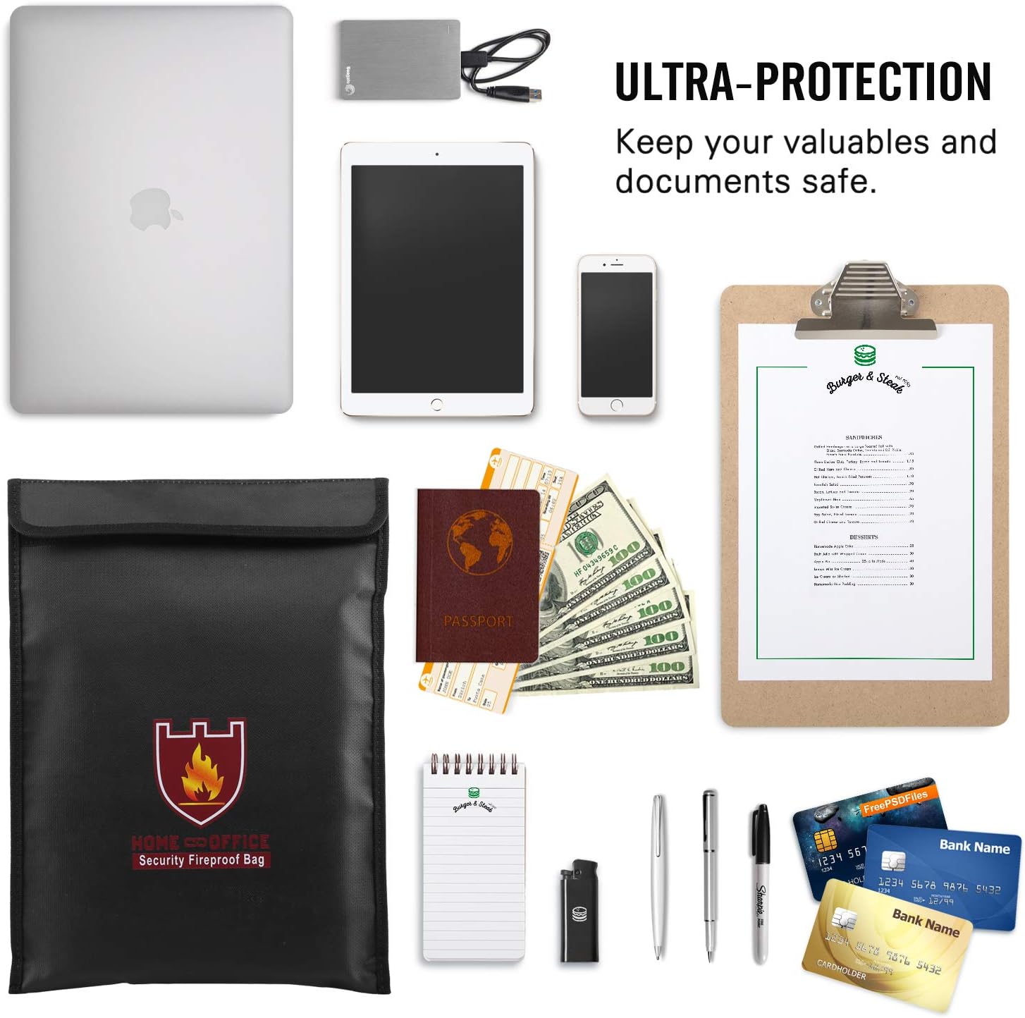 Fireproof Money & Document Bag, MoKo 15" x 11" Fire & Water Resistant Cash & Envelope Holder, Protect Your Valuables, Documents, Money, Jewelry, Zipper Closure for Maximum Protection, Black - - 