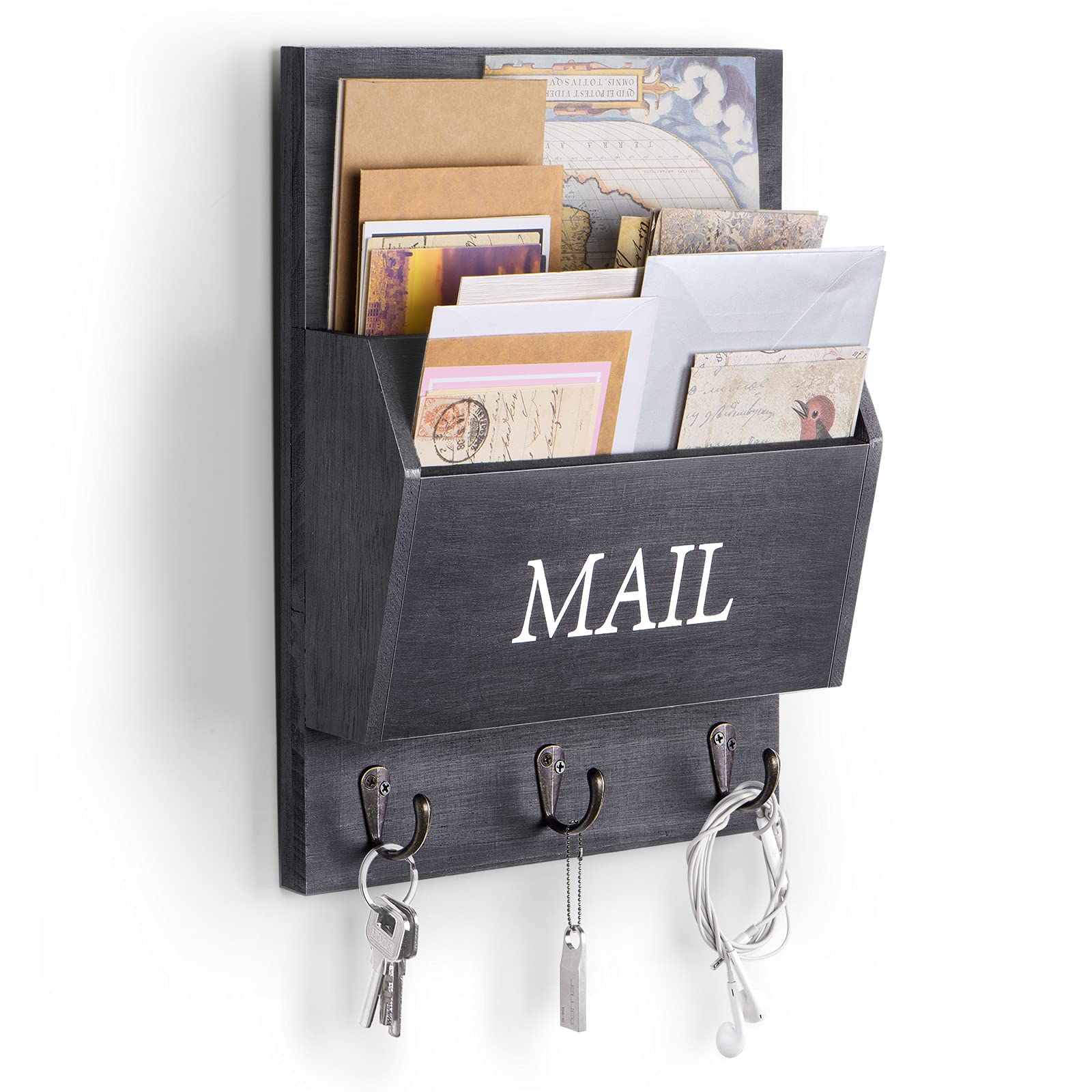 Photo 1 of DLQuarts Mail Organizer with Key Holder for Wall, Mail Sorter Wall Mounted, Decorative Wooden Key and Mail Holder with 3 Hooks, Black