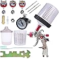 AKISEKTR HVLP Spray Gun Set, Automotive Spray Paint Gun with Pressure Gauge, 3 Nozzles 1.4/1.7/2mm Nozzle and 600cc Cups, Clear Spray Cup with Scale for Car Primer, Furniture Surface Spraying