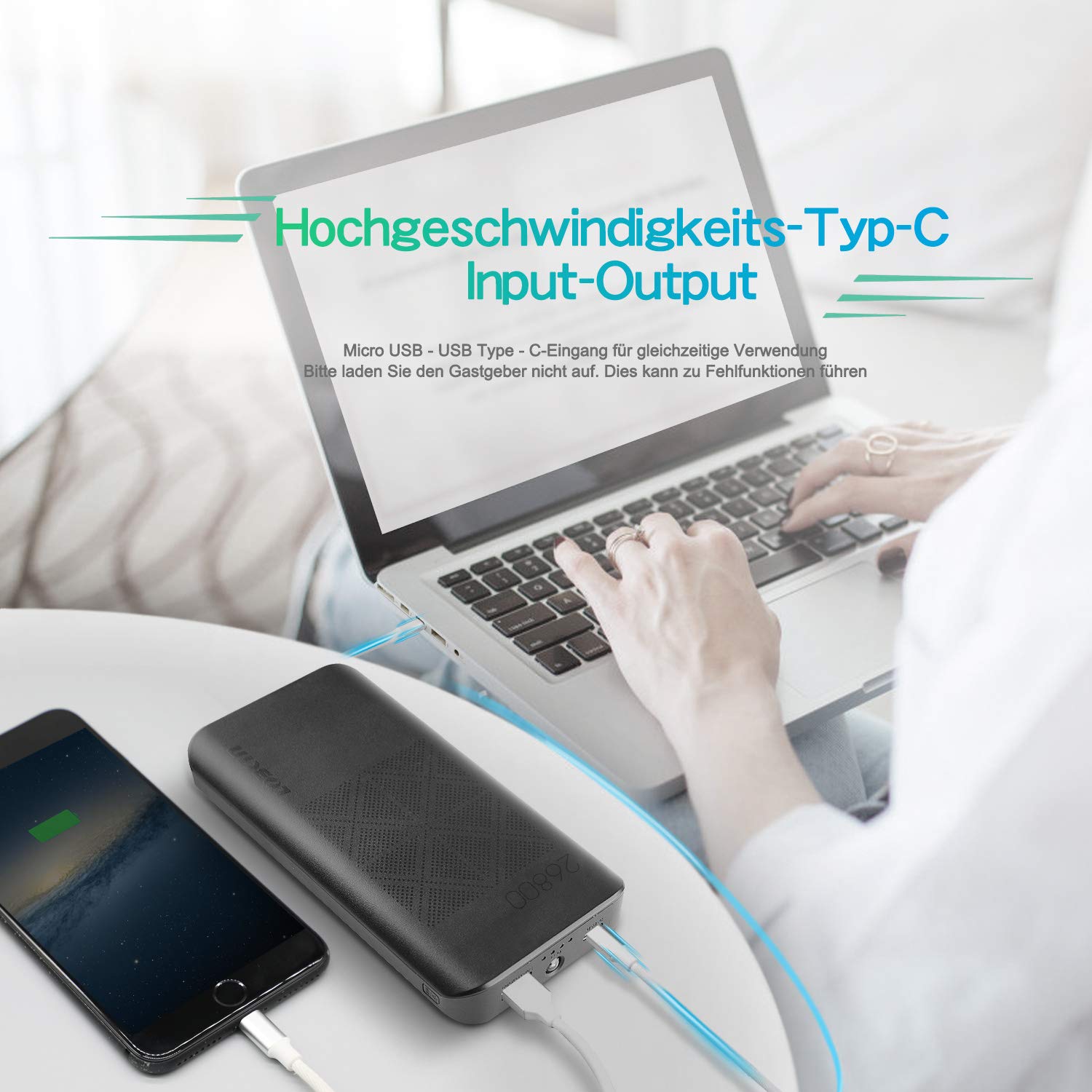LOBKIN Tragbares Ladegerät 26800mAh 18W Hohe Kapazität Externer Akku, PD3.0&QC3.0 Schnell Wiederaufladbar Power Bank, Typ C Tragbares Telefon Ladegerät für Smartphone, iPad und Tablet