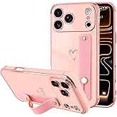 LLZ.COQUE for iPhone 17 Pro Case for Women Girls, Bling Luxury Plated Bumper with Cute Love-Heart Design, Adjustable Hand Strap Stand, Raised Edges Shockproof Protection for iPhone 17 Pro - Pink
