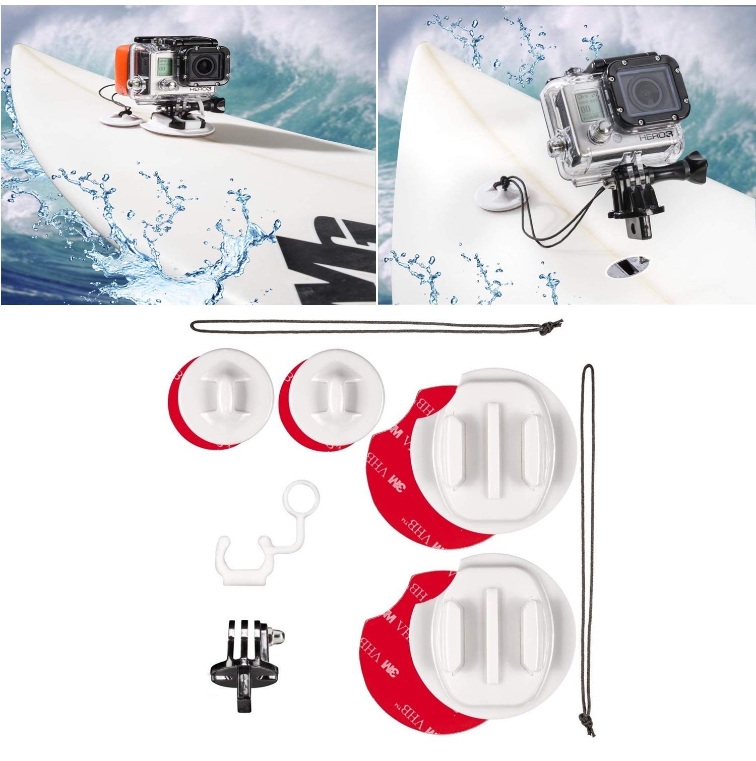 micros2u Surfboard Surfing Mount Kit compatible with GoPro Hero 11/10/9/8/7/6/5/4/3 etc Other Action Cameras. Includes Security Safety Tether & Locking FCS Plug