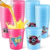 Funnymoom 24 Pcs 90s Theme Cups 16 oz Reusable Thick Retro Disco Party Plastic Drinking Cup Rose Red and Blue Retro Music Throwback Dance Party Decorations Birthday Supplies