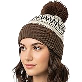 Funky Junque Women’s Knit Pom Beanie – Cozy Womens Winter Hat, Apres Ski Cold Weather Beanies with Geometric and Cross Design