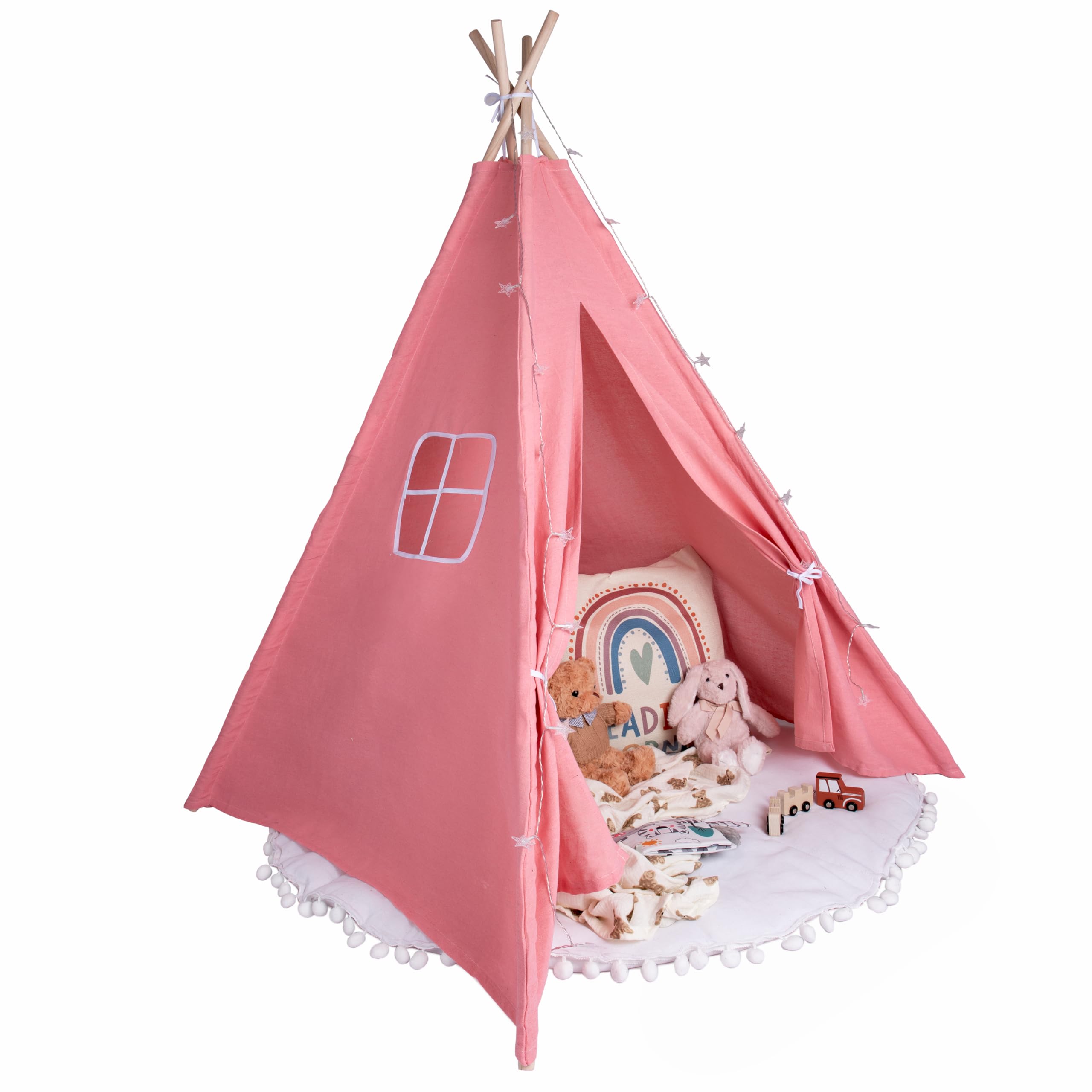 Relsy Kids Pink Blush Teepee Tent | Play Tipi/Pop Up for Girls & Boys 140 x 120cm Cotton Canvas With Star Lights & Rug Accessories โ image 1