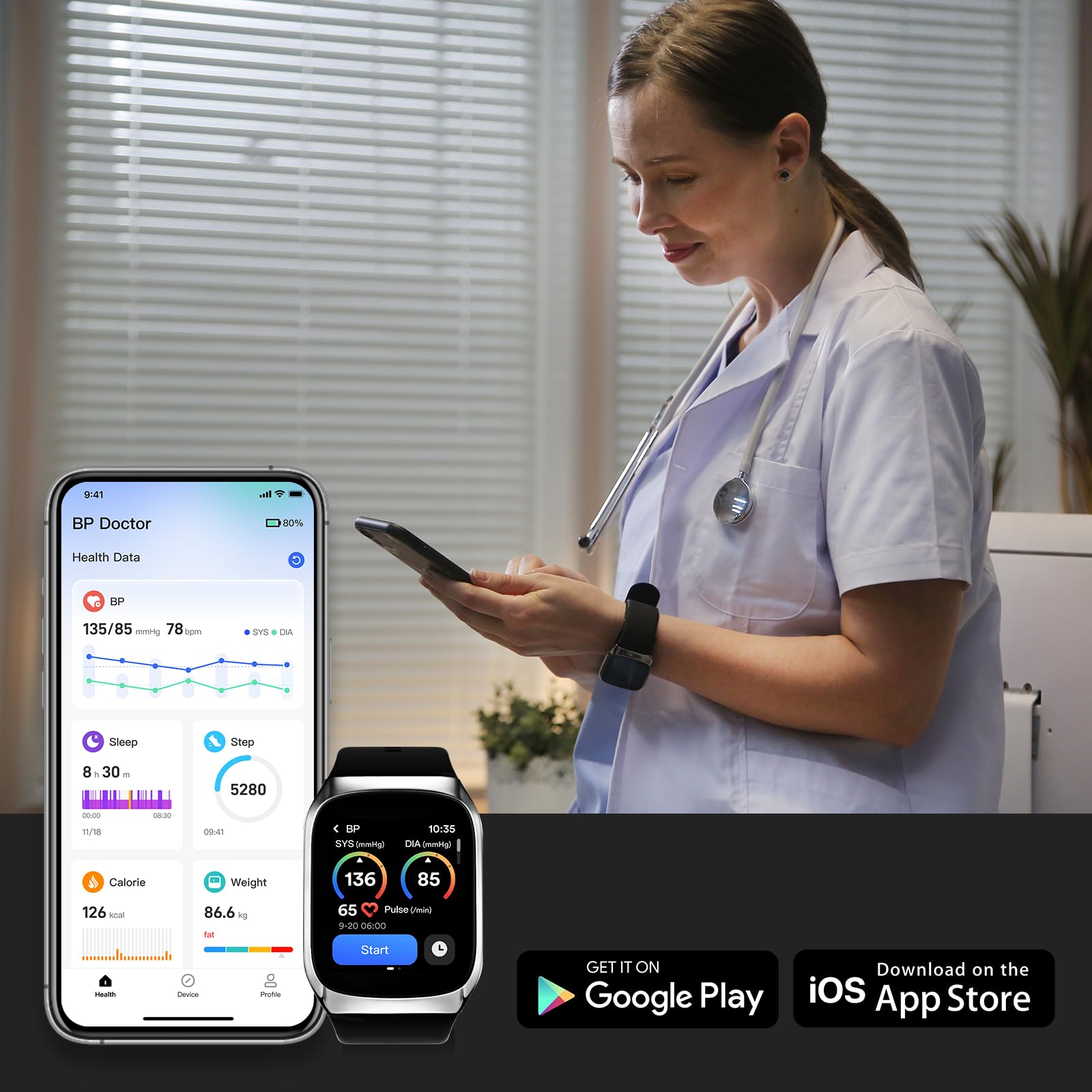 YHE BP Doctor Med, Blood Pressure Smartwatch with Dual Patented Cuff, Wrist BP Monitor 24/7 Stress Monitoring Sleep & Sports Tracking App for Android & iOS