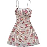 WDIRARA Women's Floral Print Ruched Cami Dress Spaghetti Strap Ruffle Hem Mesh Mini Dress