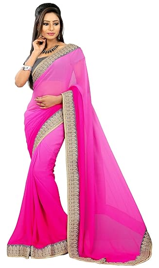 Womens Chiffon Embroidery Saree (Pink)