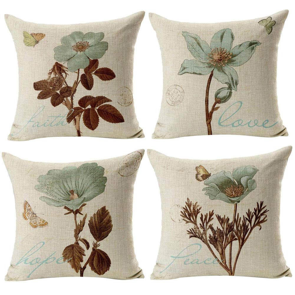 Freeas Cushion Cover, Set of 4 Retro Flowers Pattern Pillowcase Square House Pillow Sofa Cover 45 x 45 cm