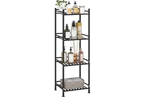 FKUO 4 Tier Bathroom Storage Open Shelf Unit, Free-Standing Metal Corner Rack Shelving for Kitchen, Living Room, Hallway (Matte Black, 4 Tier)