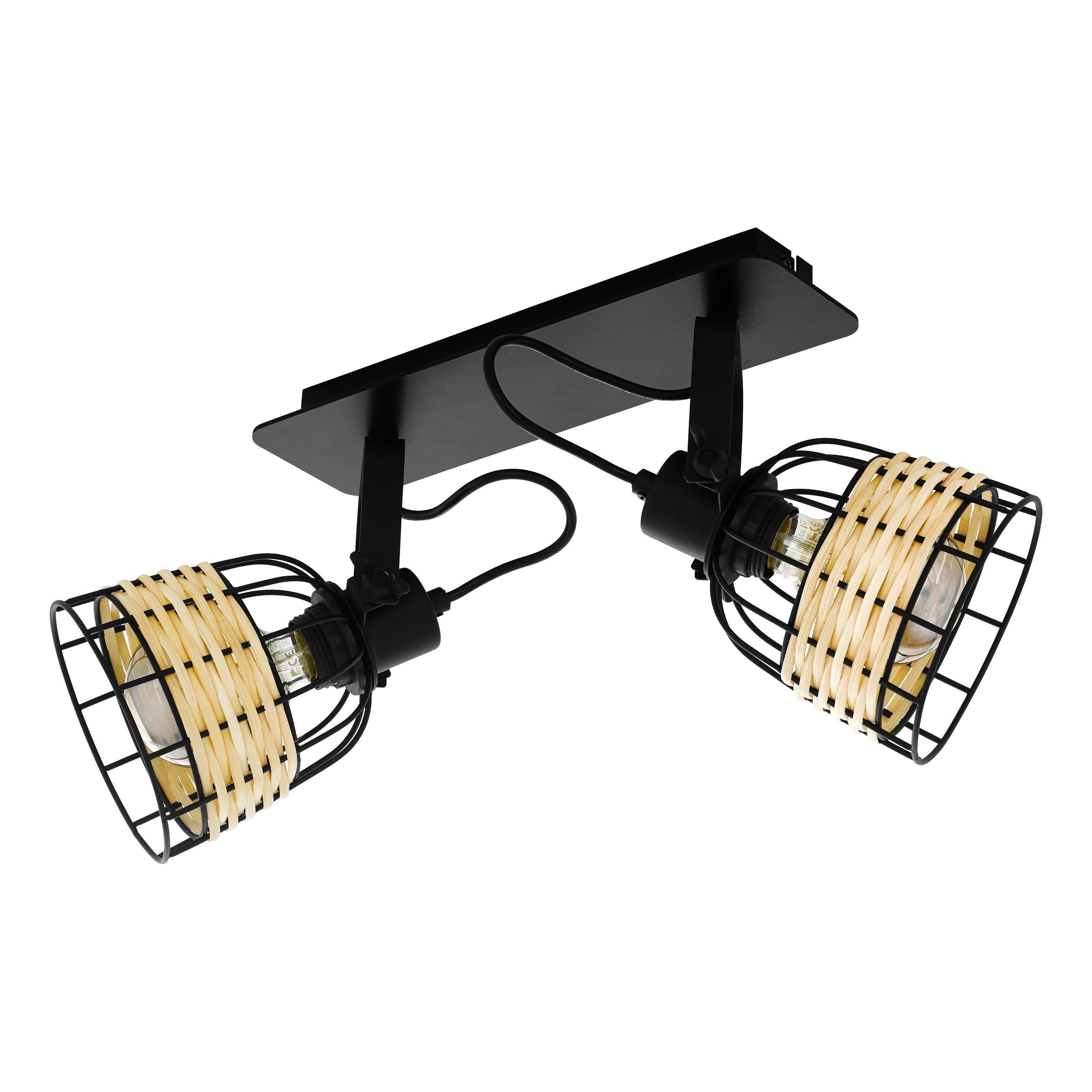 EGLO Anwick 1 Ceiling Light, 2-Bulb Ceiling Light, Vintage, Boho, Ceiling Spotlight Made of Steel and Rattan, Living Room Lamp in Black, Natural, Kitchen Lamp, Spotlights with E27 Socket