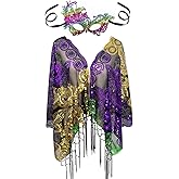 MERRYJULY Mardi Gras Shawl Scarf Wrap Costume and Mask Sequin Mardi Gras Poncho Outfit for Women Carnival Masquerade Party