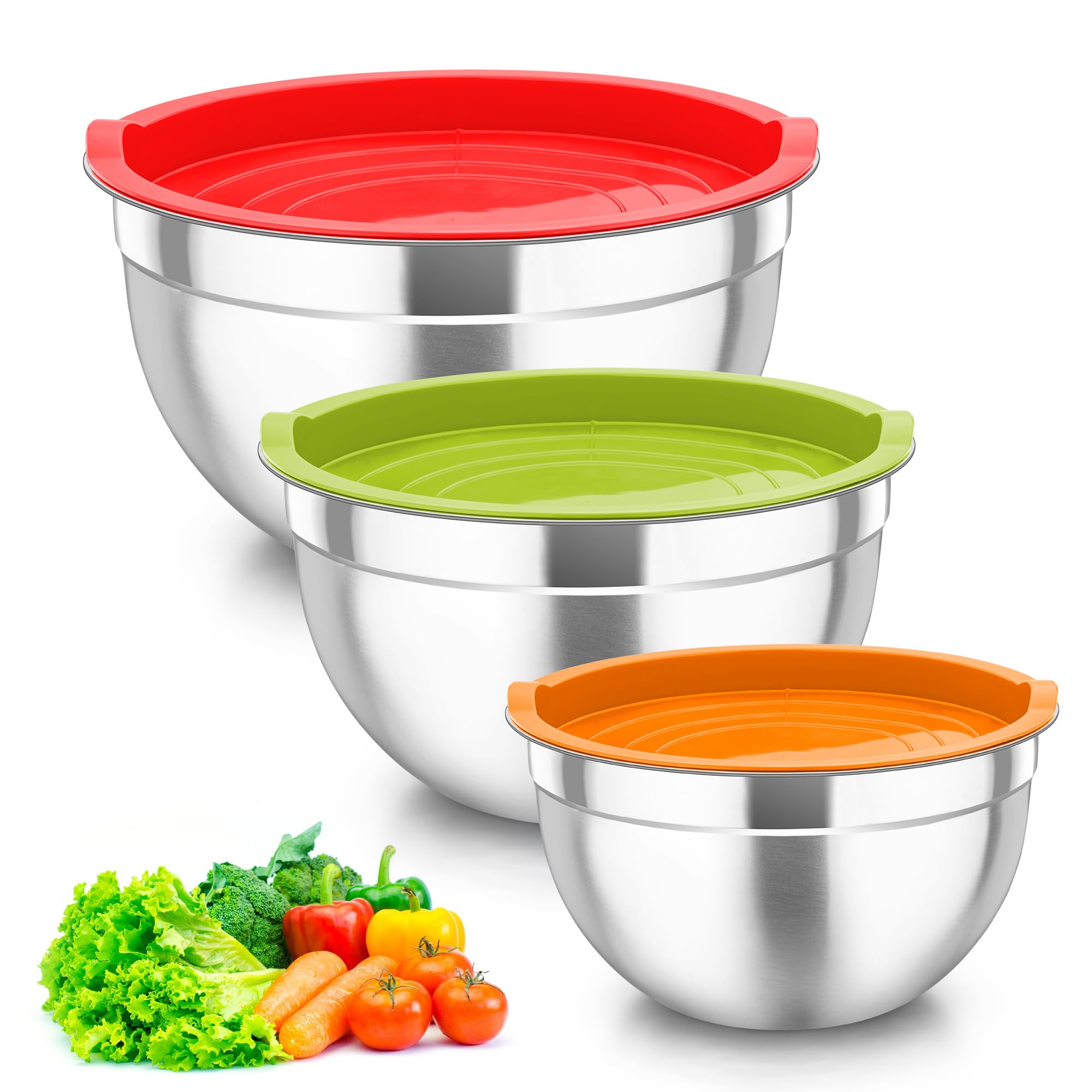 Joyfair Mixing Bowl Set of 3, Stainless Steel Nesting Mixing Salad Bowls with Airtight Lids for Baking/Prepping/Serving/Whipping, Heavy Duty & Dishwasher Safe, 4.6/2.8/1.6QT - Multicolor