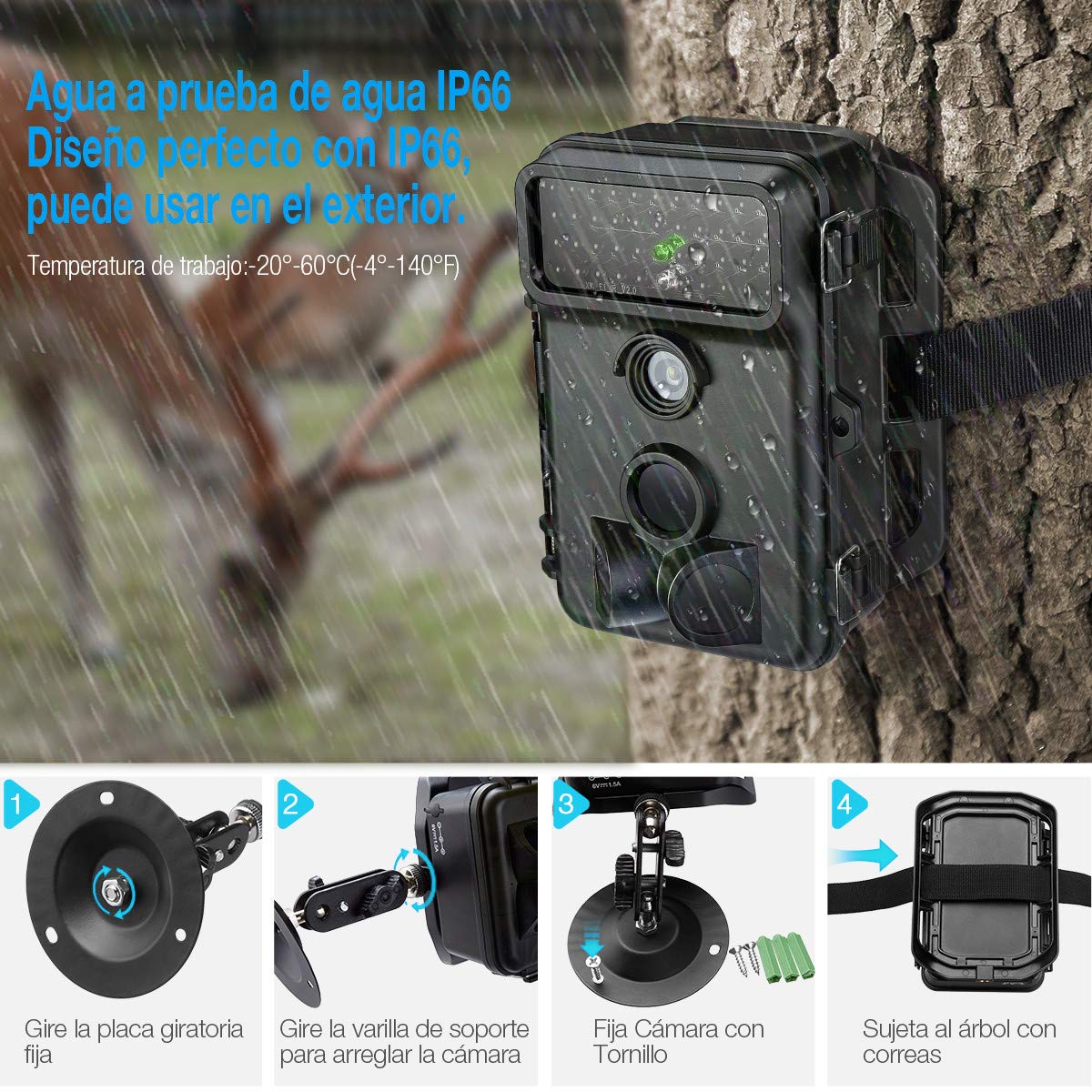 Powerextra Cámara de Caza Vigilancia 16MP Full HD 1080P Angular Amplio de 120° 42pcs IR Leds Visión Nocturna con hasta 20M Monitor LCD de 2.4\'\' Cámara de Vigilancia IP66 Resistente Intemperie